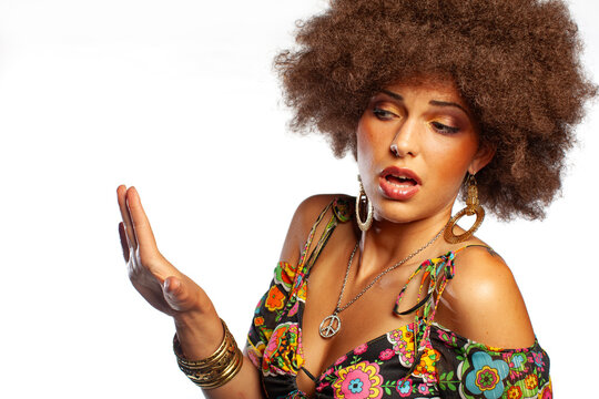 Shocked Retro Woman with Afro Hair Pulling Funny Face