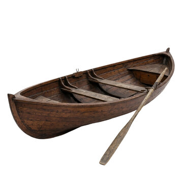 Traditional Rustic Wooden Rowboat with Single Oar Isolated on Transparent Background