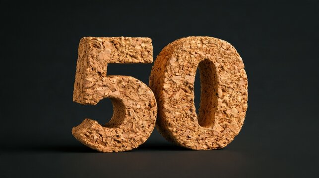 Number 50 is formed from rough cork material featuring warm tan texture and grain, illuminated by warm studio light against a dark backdrop.
