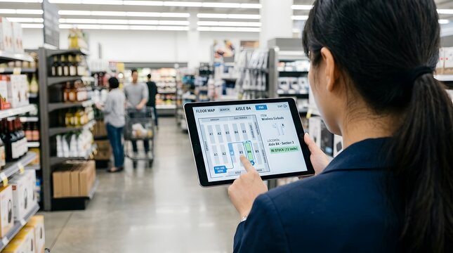 Young woman using a digital floor map application on a tablet to navigate a modern supermarket, checking product availability and aisle locations for a smart and efficient shopping experience.