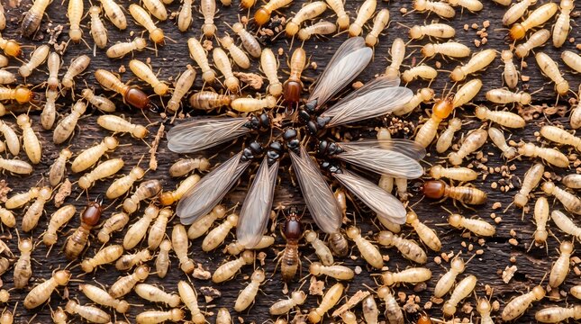 Close-up of an active termite colony, featuring winged reproductives and worker insects diligently moving across a wooden surface, a clear sign of pervasive wood damage