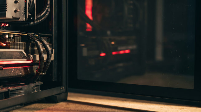 Close-up inside a custom gaming computer case with glowing red lights and hardware components