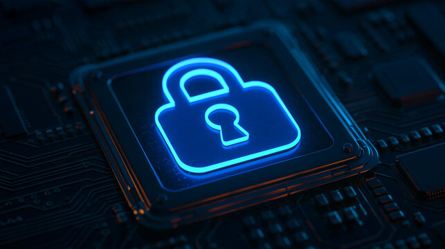 Cybersecurity lock icon made of glowing blue fiber optic light, floating on a dark metallic circuit board, high-end tech illustration 