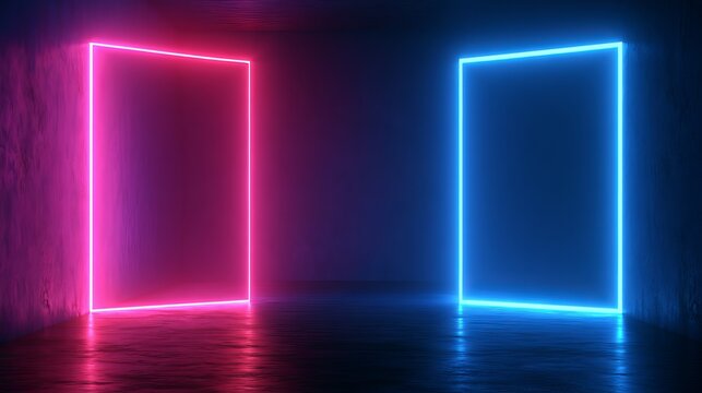 Glowing neon rectangles stand distinctly, a vibrant pair presenting futuristic portals or concept for digital technology