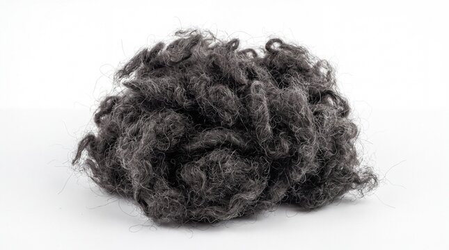 Close up of a pile of dark grey fluffy wool fibers with a white background