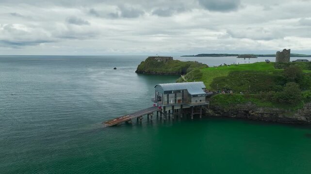 RNLI Tenby Lifeboat Station from a drone, Tenby, Pembrokeshire, Wales, England, United Kingdom