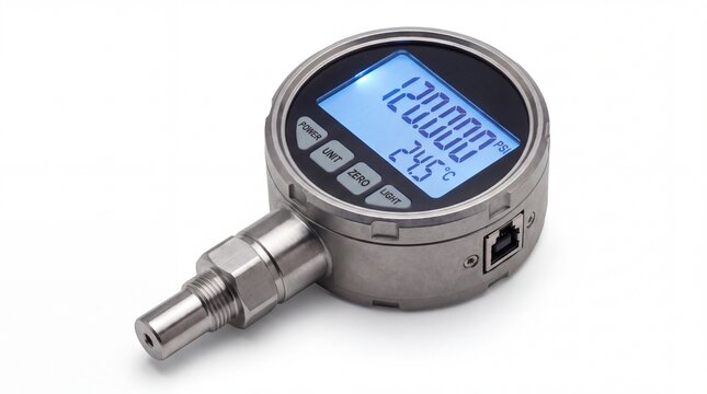 Digital Pressure Gauge With Blue LCD Display Showing PSI and Temperature Readings On White Background