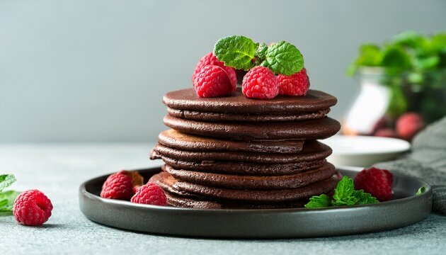 a stack of chocolate pancakes topped with raspberries and mint
