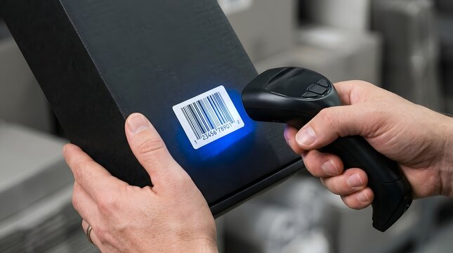 Close-up of male hands using a wireless handheld laser barcode scanner to scan a label on a black cardboard box package in a warehouse or distribution center for inventory management.