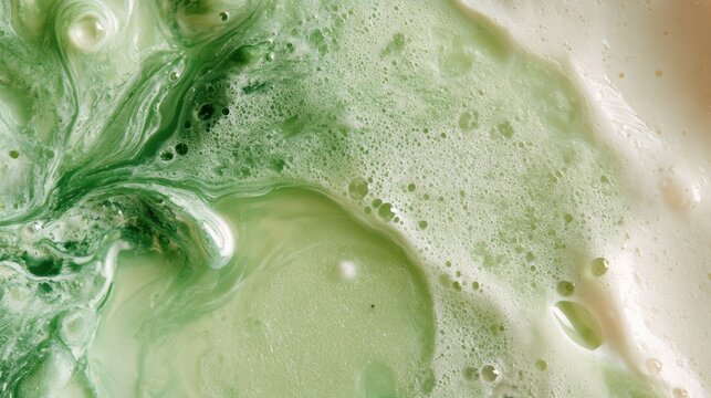 A close-up view shows cardamom green liquid swirling and mixing with cream, creating a pale green and creamy texture. Aromatic spice is present.