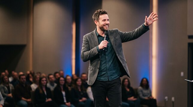 Charismatic Male Speaker Engaging Audience with Microphone and Gestures in Conference Hall