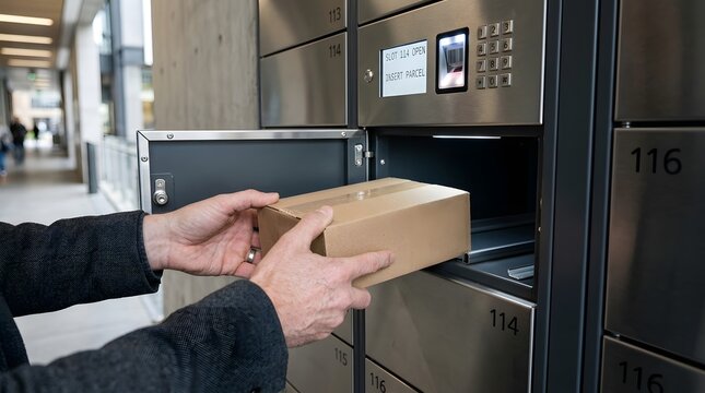 Close up of person's hands placing a cardboard parcel box into an automated metallic smart locker station for convenient package delivery and collection in a modern indoor hallway or building.