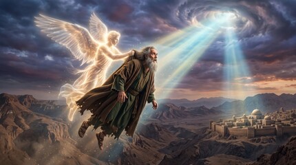 Obraz premium Bearded robed man lifted by winged angel above desert landscape. Biblical illustration. Christian faith and ascension concept.
