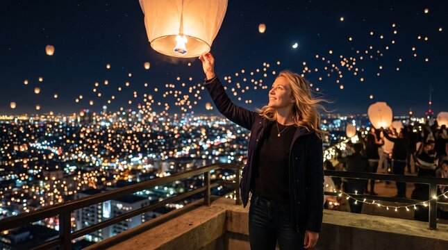 Woman releases sky lantern over city skyline at night with many lanterns in the sky