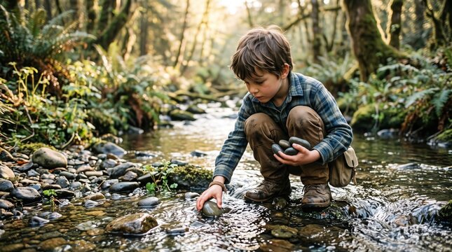 Child picking up a stone in a shallow stream. Nature exploration. Outdoor childhood learning.