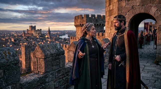 Two costumed figures talking on castle ramparts. Medieval fantasy scene. Digital concept art.
