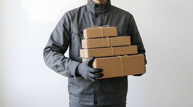 Professional delivery person in gray uniform and protective gloves holding a heavy stack of brown cardboard parcels tied with string, isolated on a white background for shipping service concept.