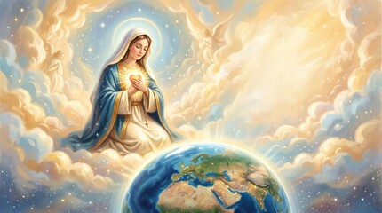 Obraz premium Virgin Mary praying with radiant heart and rosary among clouds above the Earth. Catholic faith and divine love concept. Religious illustration. Heaven, blessing and world prayer.