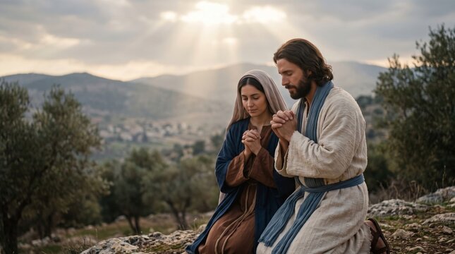 Man and woman praying outdoors in biblical-style clothing. Christian faith and devotion. Biblical religious scene