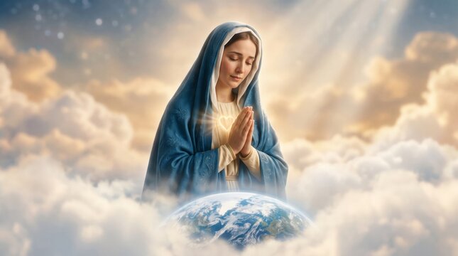 Mary praying above Earth among clouds. Catholic devotion and Marian imagery. Christian faith and global spirituality concept. Religious digital illustration.