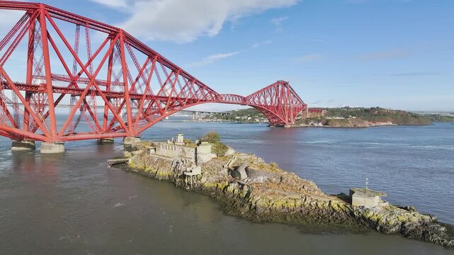 Inch Garvie Castle from a drone, Forth Bridge, Queensferry Crossing, Forth Estuary, Scotland, United Kingdom