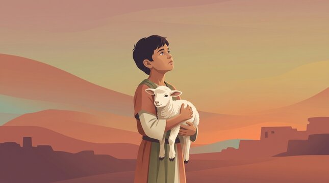 Boy in ancient tunic holding lamb in desert hills at dusk. Good shepherd and parable of the lost sheep. Bible story illustration. Christian faith and religion concept. Sunday school.