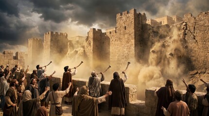Obraz premium Crowd blowing trumpets as ancient city walls collapse. Fall of Jericho biblical story. Old Testament miracle. Religion and faith concept. Bible illustration.