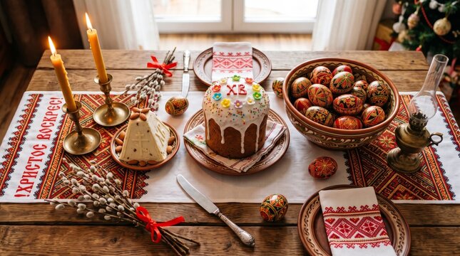 Easter table with kulich cake, painted eggs, candles and embroidered cloth on wooden board. Traditional Orthodox Easter food. Christian holiday celebration concept.