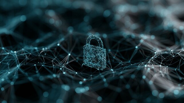 Glowing padlock icon suspended within a digital network, symbolizing cybersecurity and data protection concept