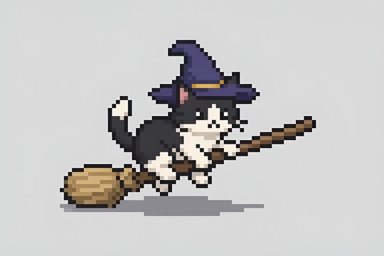 Cute Black & White Cartoon Tuxedo Cat, Purple Witch Wizard Hat Riding Flying Perched on a Broomstick Flying Against a Light Gray Background Pixel Art Style Illustration Spooky Sprite Magical Halloween