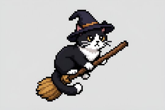 Cute Black & White Cartoon Tuxedo Cat, Purple Witch Wizard Hat Riding Flying Perched on a Broomstick Flying Against a Light Gray Background Pixel Art Style Illustration Spooky Sprite Magical Halloween