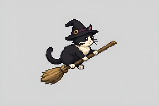 Cute Black & White Cartoon Tuxedo Cat, Purple Witch Wizard Hat Riding Flying Perched on a Broomstick Flying Against a Light Gray Background Pixel Art Style Illustration Spooky Sprite Magical Halloween