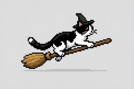 Cute Black & White Cartoon Tuxedo Cat, Purple Witch Wizard Hat Riding Flying Perched on a Broomstick Flying Against a Light Gray Background Pixel Art Style Illustration Spooky Sprite Magical Halloween