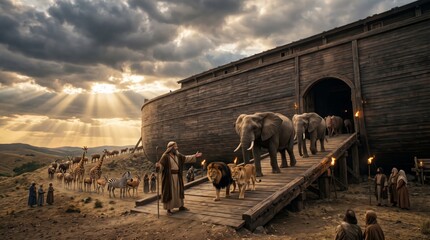 Fototapeta premium Man guiding animals onto a wooden ark. Noahs ark biblical story. Christian religious illustration.