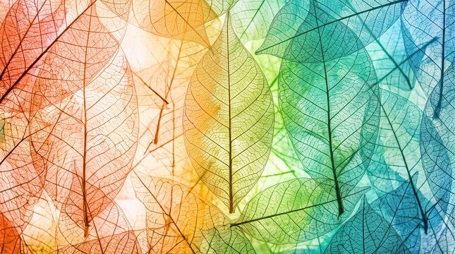 Abstract background of colorful skeleton leaves arranged in a vibrant rainbow gradient featuring translucent leaf veins and delicate macro textures for nature-inspired designs.