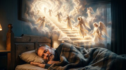 Obraz premium Man sleeping in bed beneath angels ascending a staircase to heaven. Christian faith and afterlife concept. Religious digital illustration.