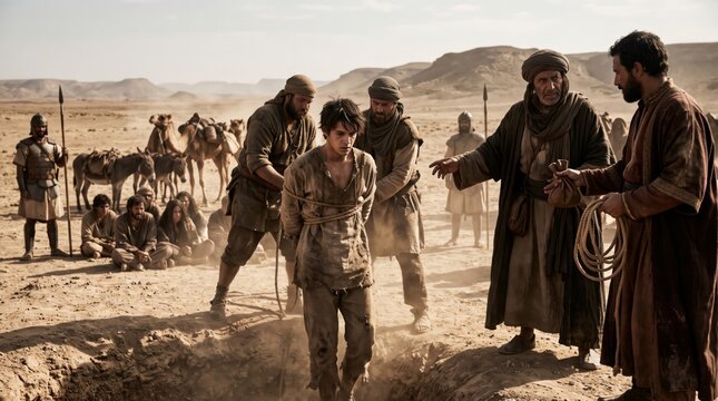 Bound youth surrounded by robed figures in desert. Biblical scene. Religious drama.