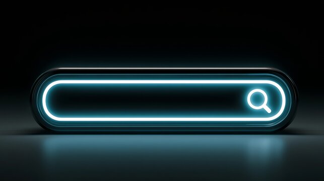 Glowing neon search icon, illuminated blue light against a dark backdrop, representing online exploration and digital discovery