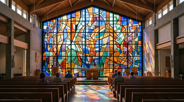 Congregation seated in church facing altar and stained glass windows. Catholic worship. Christian faith and religious community.
