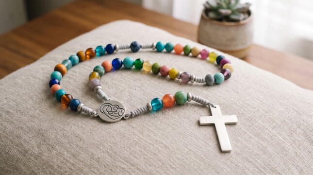 Rosary with colorful beads and cross on fabric. Catholic prayer and devotion. Christian faith.