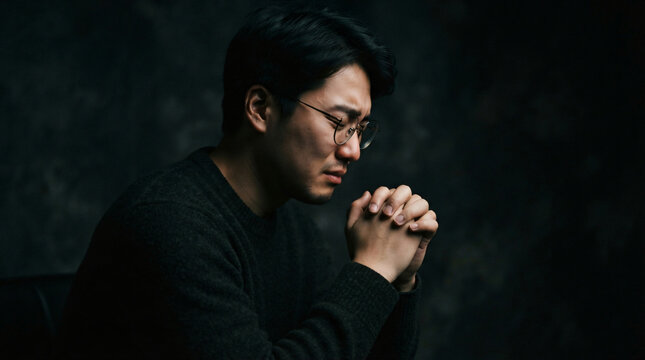 Low key dramatic side portrait photo young asian man glasses clasped hands fervent deep prayer gesture dark moody studio background sorrow repentance hope spiritual faith photo