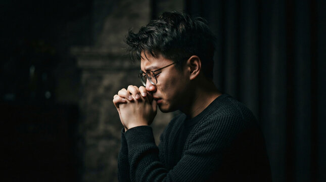 Low key dramatic side portrait photo young asian man glasses clasped hands fervent deep prayer gesture dark moody studio background sorrow repentance hope spiritual faith photo