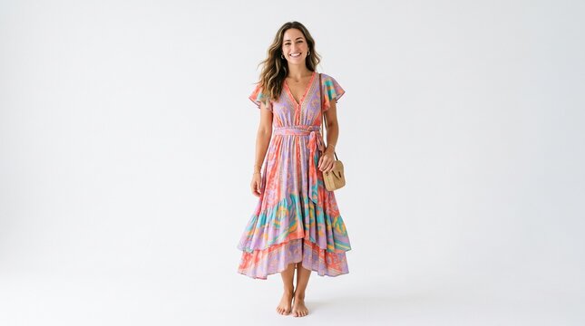 Woman in a colorful bohemian maxi dress with flutter sleeves and a woven crossbody bag standing barefoot against a white background
