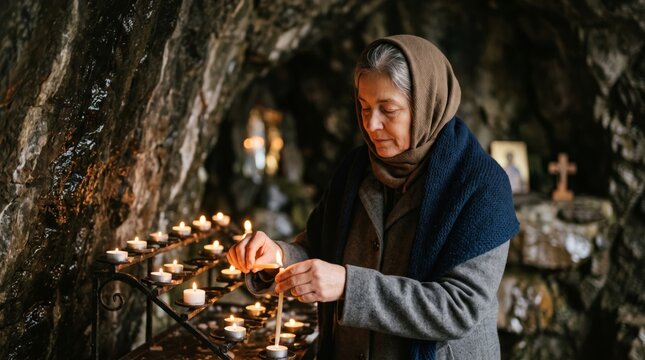 Woman lighting votive candle in church. Catholic faith and religious devotion. Prayer and remembrance.