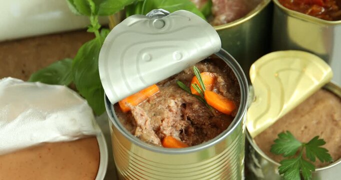 Woman eating canned meat with fork at table, closeup