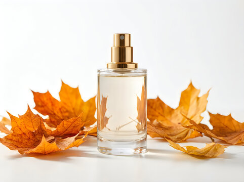 Elegant perfume bottle with autumn leaves