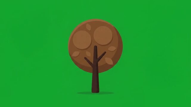 Minimalist brown tree illustration with a round lush canopy swaying gracefully on a vibrant flat solid green background for nature design projects