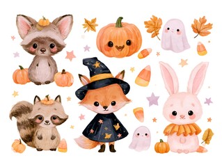 Fototapeta premium Cute watercolor Halloween characters including fox, raccoon, bunny, pumpkin, ghost, and candy corn