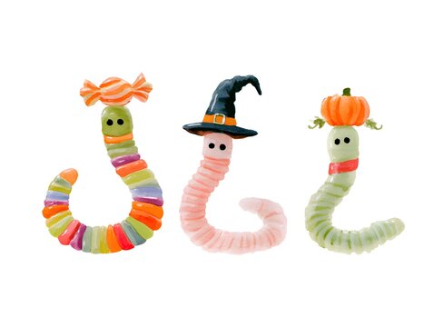 Cute watercolor halloween worms with candy, witch hat and pumpkin