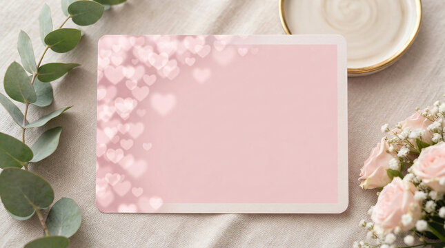 Minimalist celebration template displaying solid soft pink copy space area cascading frame floating blurry pastel pink heart shapes corner elegant romantic graphic card mock up